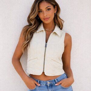 American Eagle Women Denim Vest Zip Off-White Pastel Butter M Minimalist Neutral